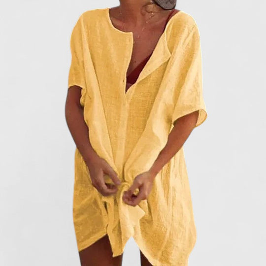 Women's Relaxed Linen Blend Button-Up Tunic Dress
