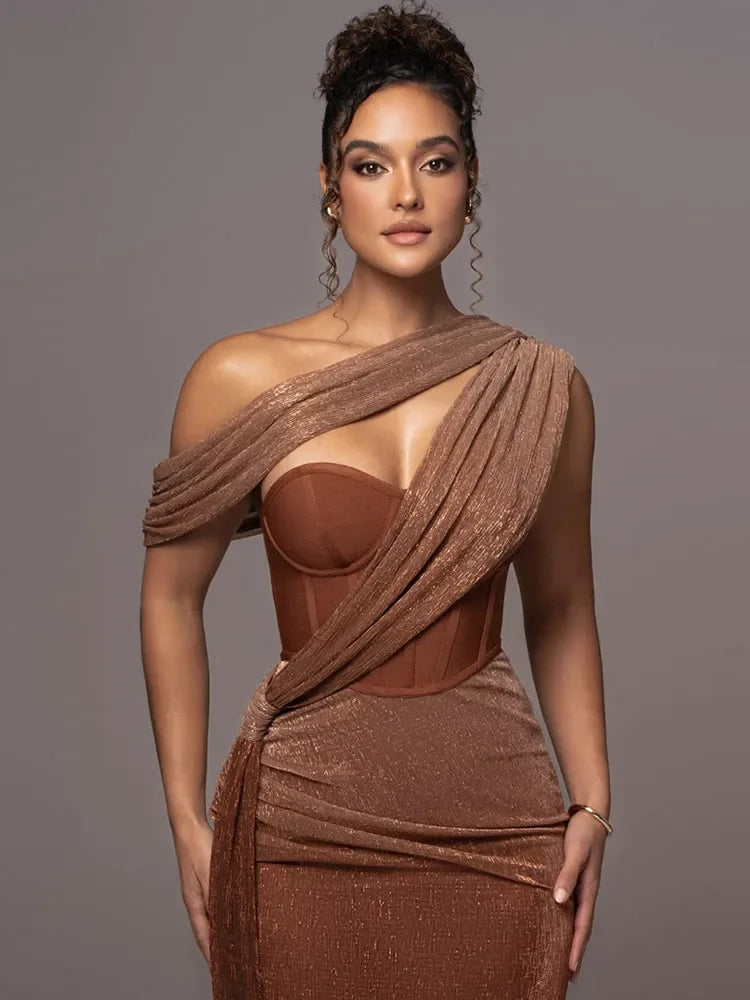 Women's One-Shoulder Shimmer Draped Evening Maxi Dress