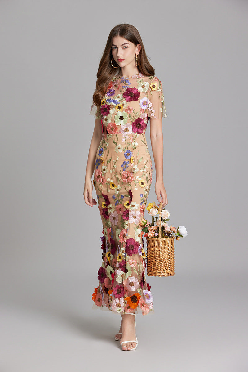 Women's Embroidered Mesh Fitted Maxi Dress