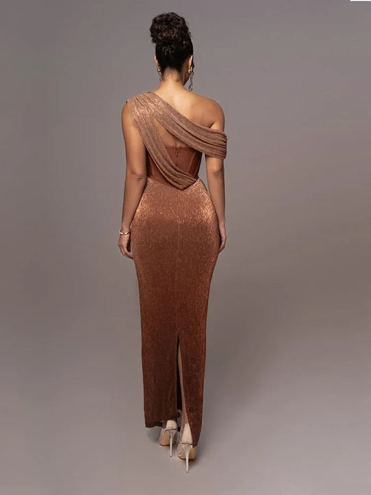 Women's One-Shoulder Shimmer Draped Evening Maxi Dress