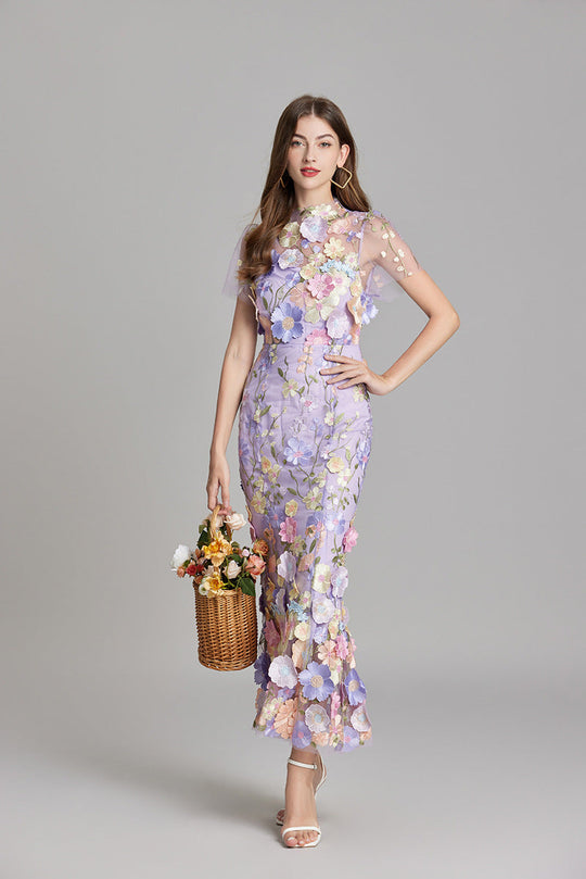 Women's Embroidered Mesh Fitted Maxi Dress