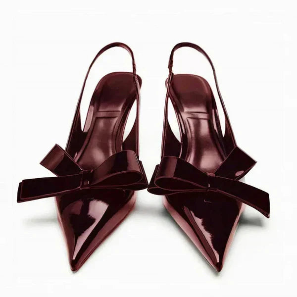 Women's Patent Leather Bow Slingback Pointed Toe Heels