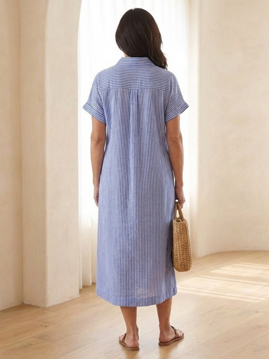Women's Striped Button Front Midi Shirt Dress with Pockets