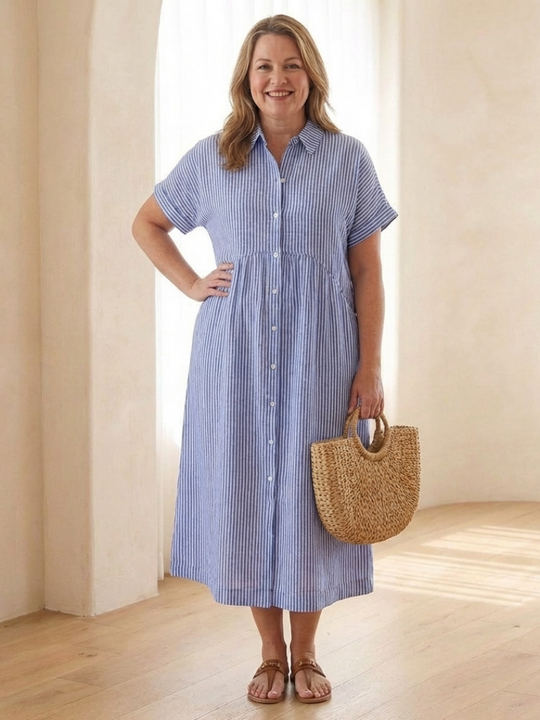 Women's Striped Button Front Midi Shirt Dress with Pockets