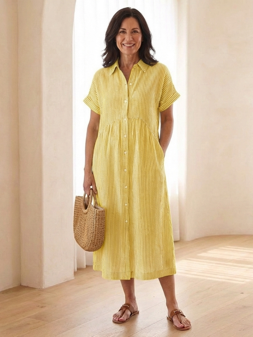 Women's Striped Button Front Midi Shirt Dress with Pockets