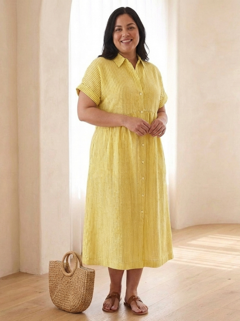 Women's Striped Button Front Midi Shirt Dress with Pockets
