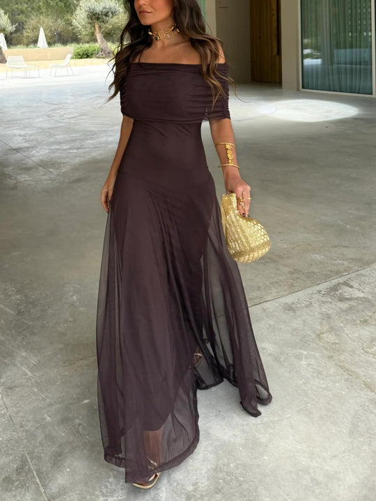 Women's Off-Shoulder Mesh Evening Maxi Dress