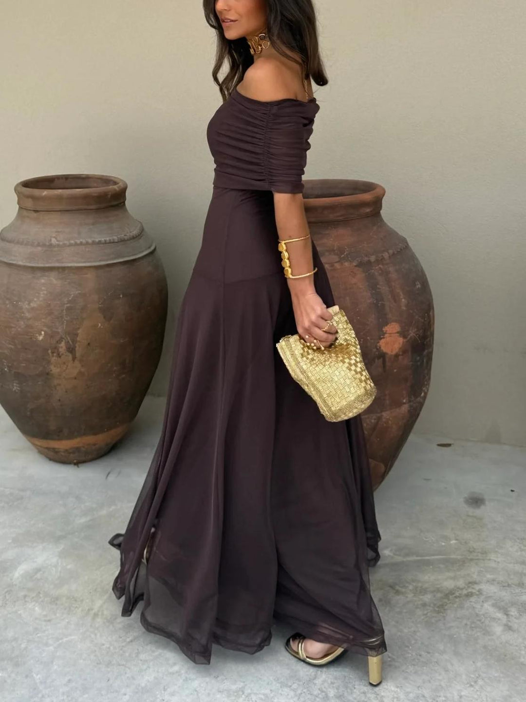 Women's Off-Shoulder Mesh Evening Maxi Dress