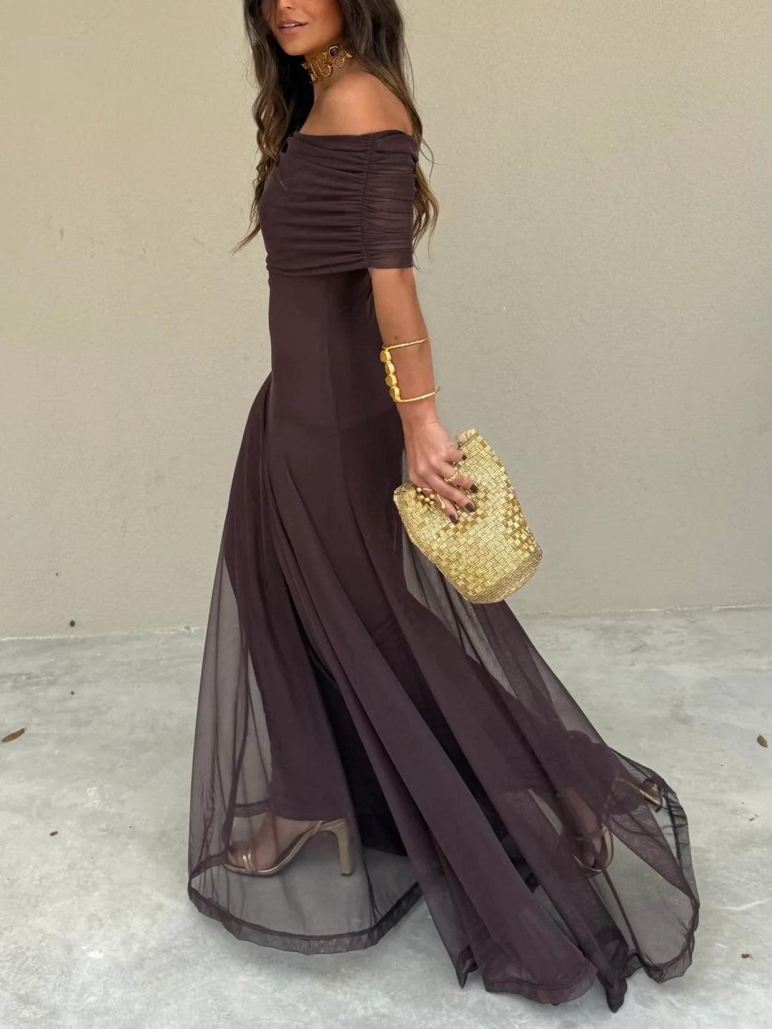 Women's Off-Shoulder Mesh Evening Maxi Dress