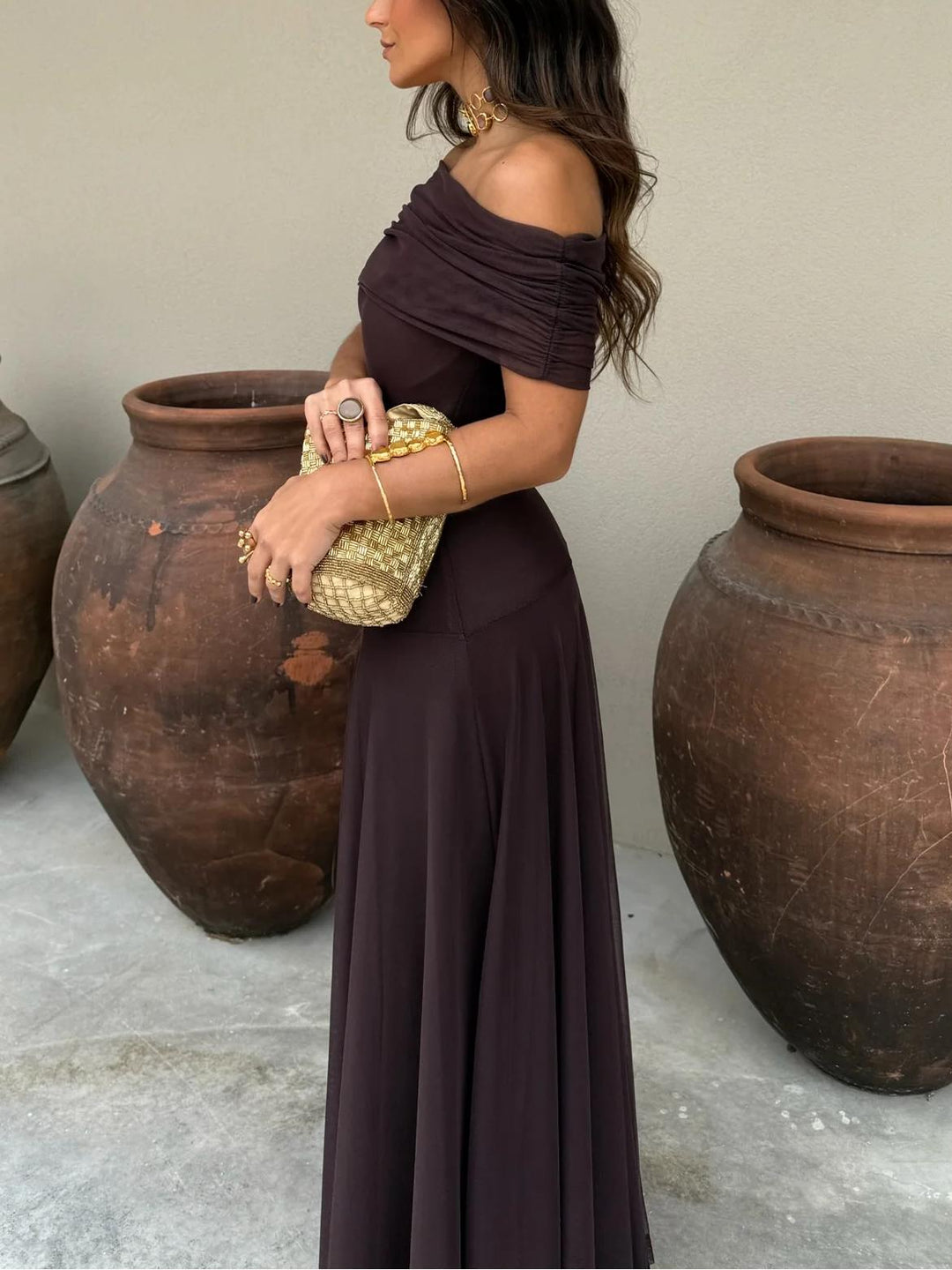 Women's Off-Shoulder Mesh Evening Maxi Dress