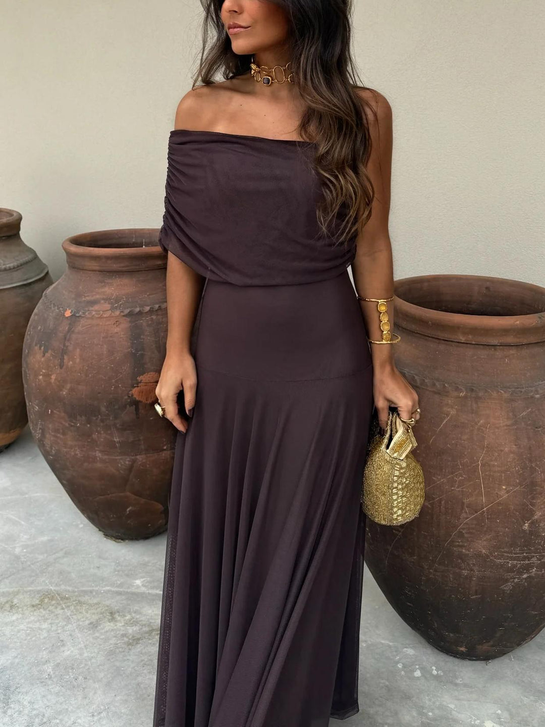 Women's Off-Shoulder Mesh Evening Maxi Dress