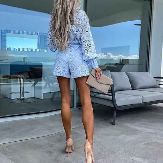 Women's Embroidered Long Sleeve Top and High-Waisted Shorts Two-Piece Set