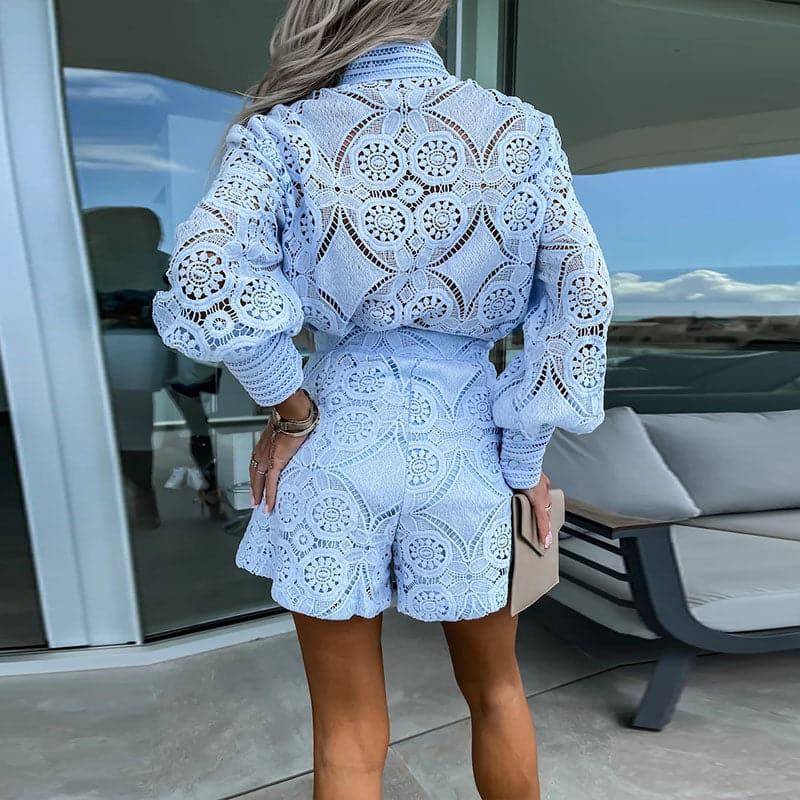 Women's Embroidered Long Sleeve Top and High-Waisted Shorts Two-Piece Set