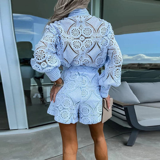 Women's Embroidered Long Sleeve Top and High-Waisted Shorts Two-Piece Set