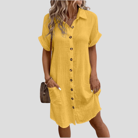 Women's Cotton Button-Front Shirt Dress with Patch Pockets