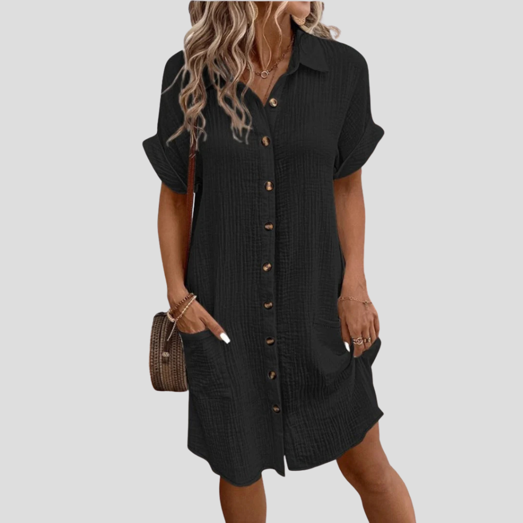 Women's Cotton Button-Front Shirt Dress with Patch Pockets