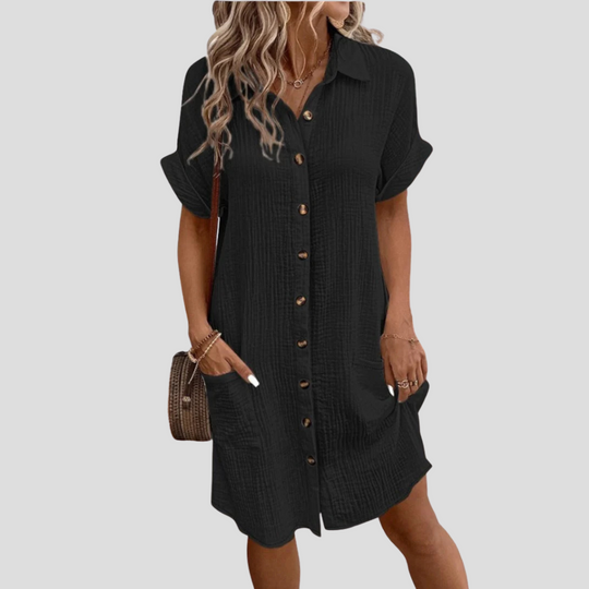 Women's Cotton Button-Front Shirt Dress with Patch Pockets