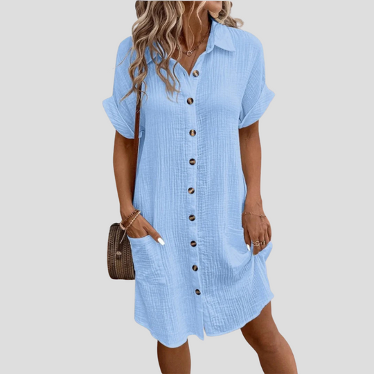 Women's Cotton Button-Front Shirt Dress with Patch Pockets