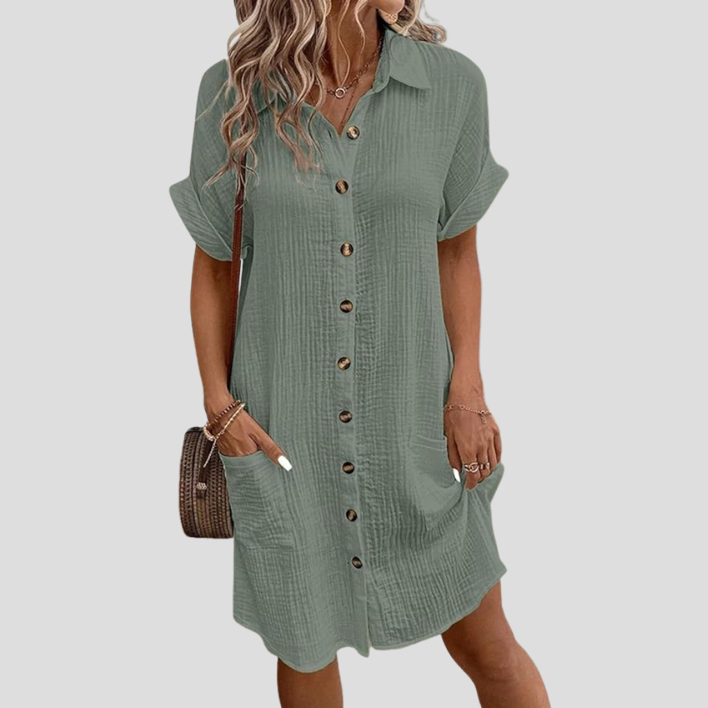 Women's Cotton Button-Front Shirt Dress with Patch Pockets