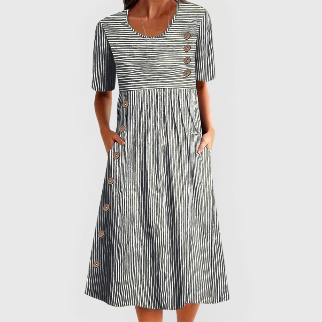 Women's Striped Button-Accent Midi Dress with Side Pockets