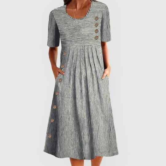 Women's Striped Button-Accent Midi Dress with Side Pockets