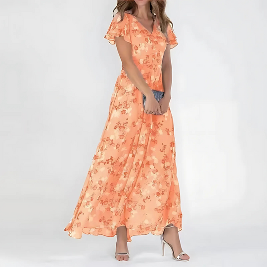 Women's Floral Print Flutter Sleeve Maxi Dress
