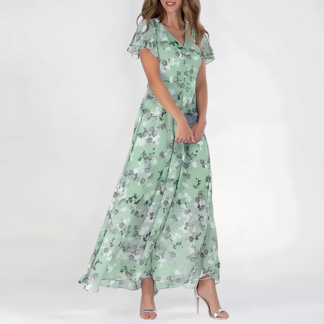 Women's Floral Print Flutter Sleeve Maxi Dress