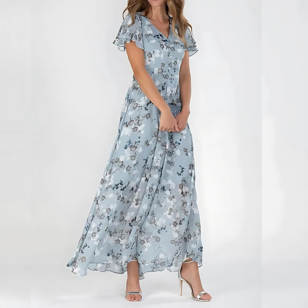 Women's Floral Print Flutter Sleeve Maxi Dress
