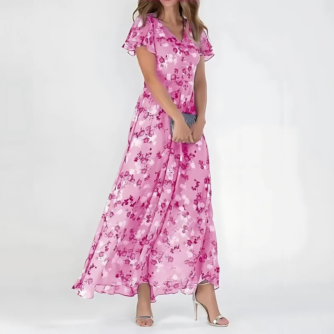 Women's Floral Print Flutter Sleeve Maxi Dress