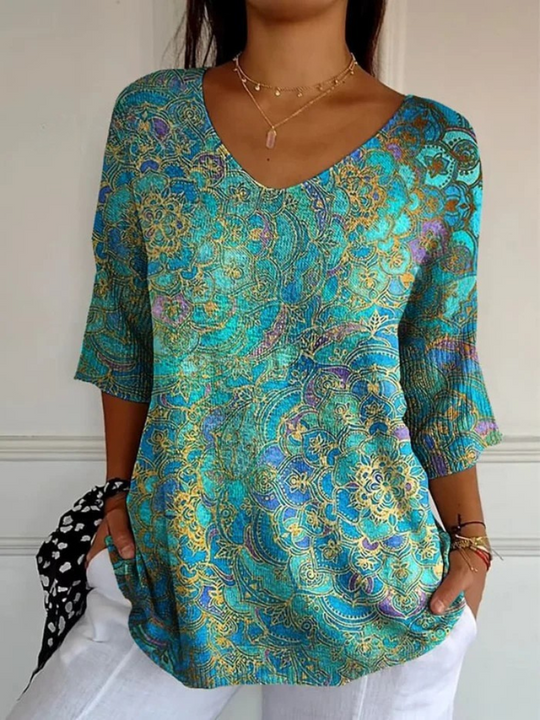 Women's Bohemian Paisley Print V-Neck Tunic Top