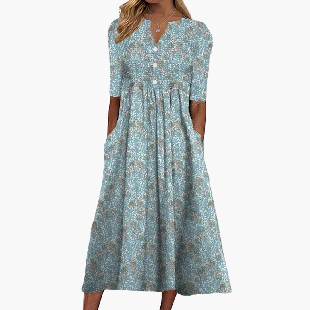 Women's Floral Button Front Maxi Dress with Side Pockets