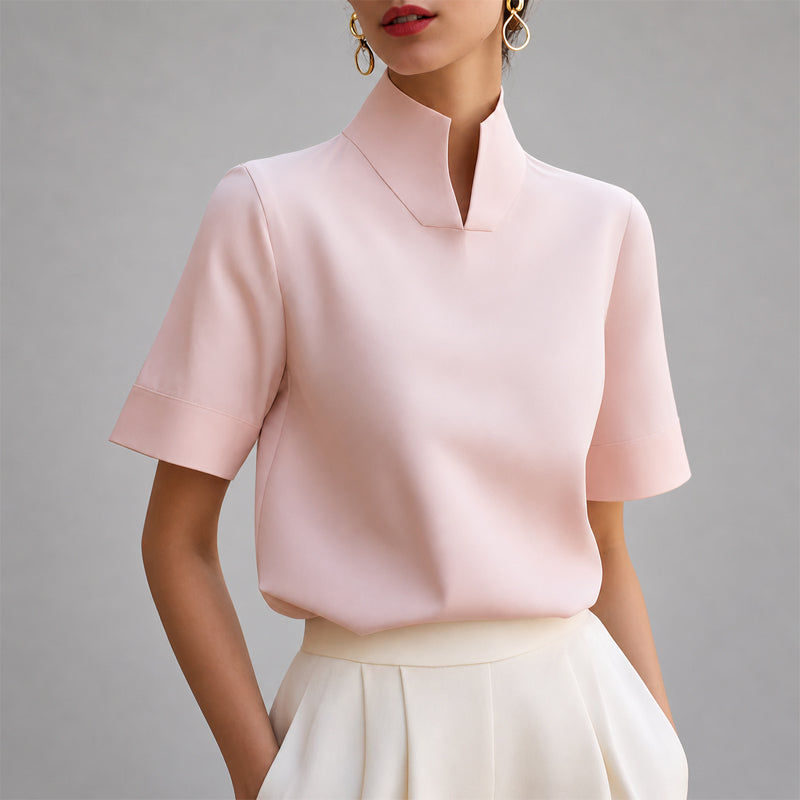 Women's Structured V-Cut Mock Neck Blouse
