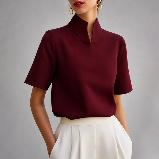Women's Structured V-Cut Mock Neck Blouse
