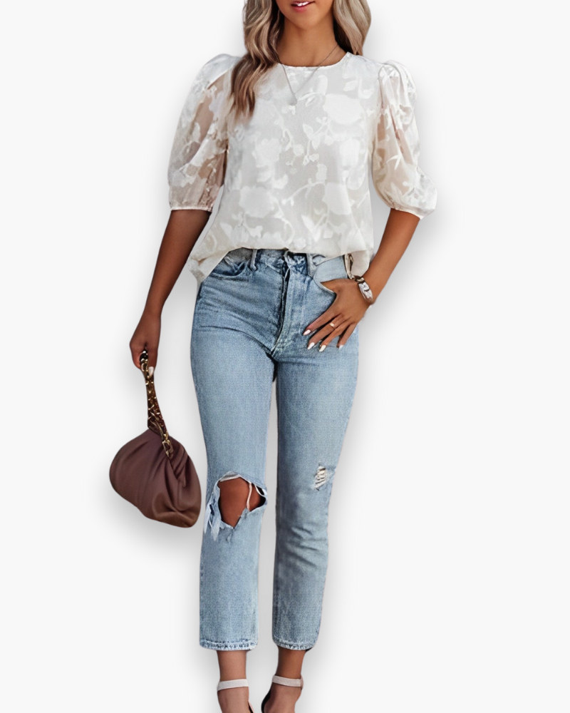Women's Floral Burnout Puff Sleeve Blouse