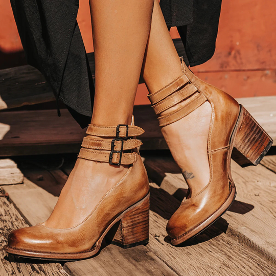 Women's Vintage Cutout Ankle Strap Block Heel Boots
