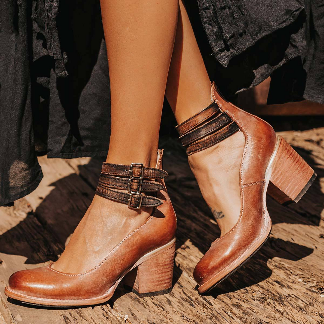 Women's Vintage Cutout Ankle Strap Block Heel Boots