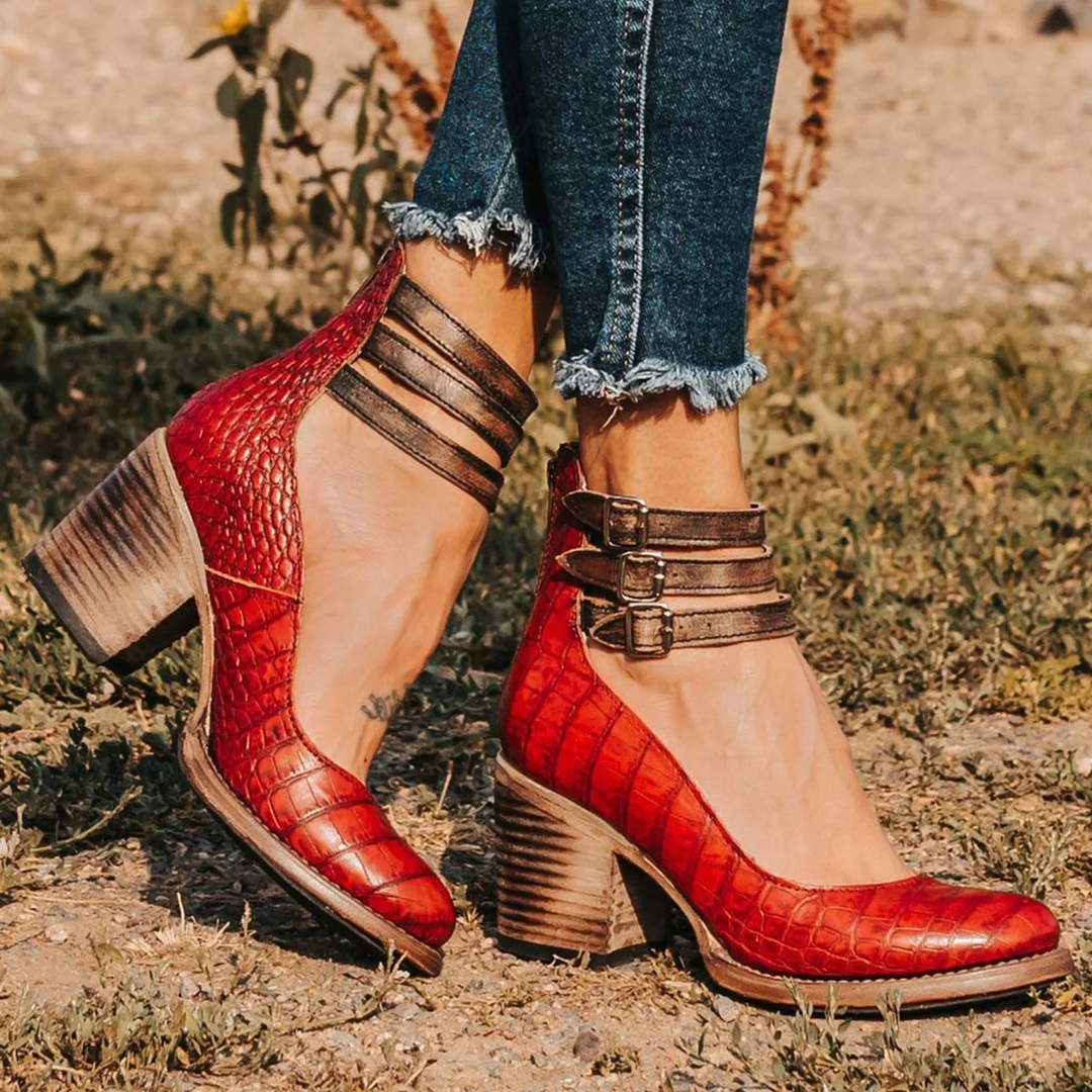 Women's Vintage Cutout Ankle Strap Block Heel Boots