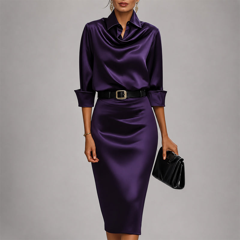 Women's Elegant Draped Collar Satin Midi Dress