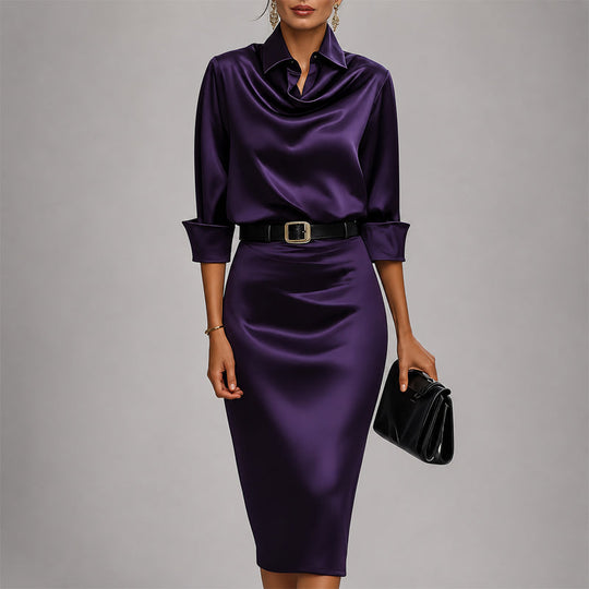 Women's Elegant Draped Collar Satin Midi Dress