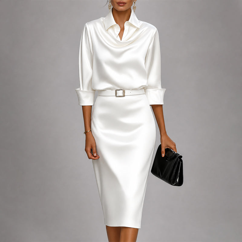 Women's Elegant Draped Collar Satin Midi Dress
