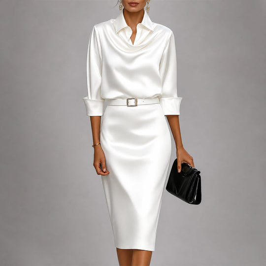 Women's Elegant Draped Collar Satin Midi Dress