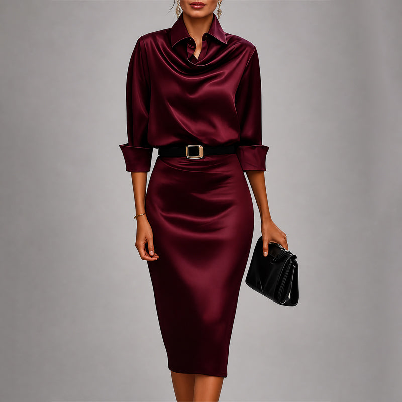 Women's Elegant Draped Collar Satin Midi Dress