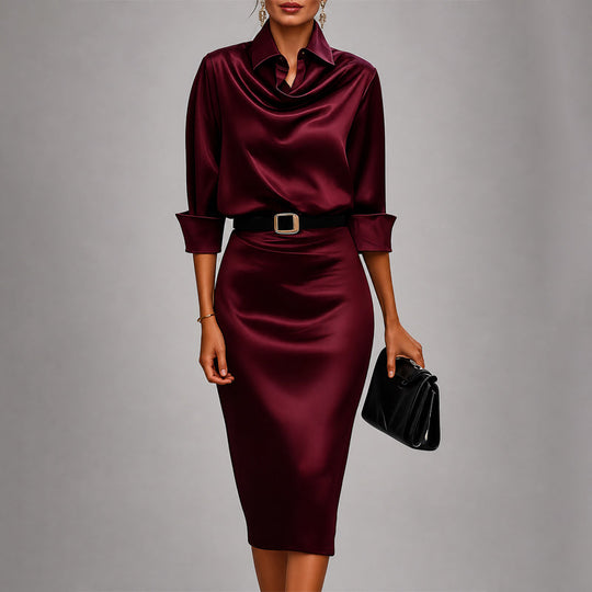 Women's Elegant Draped Collar Satin Midi Dress