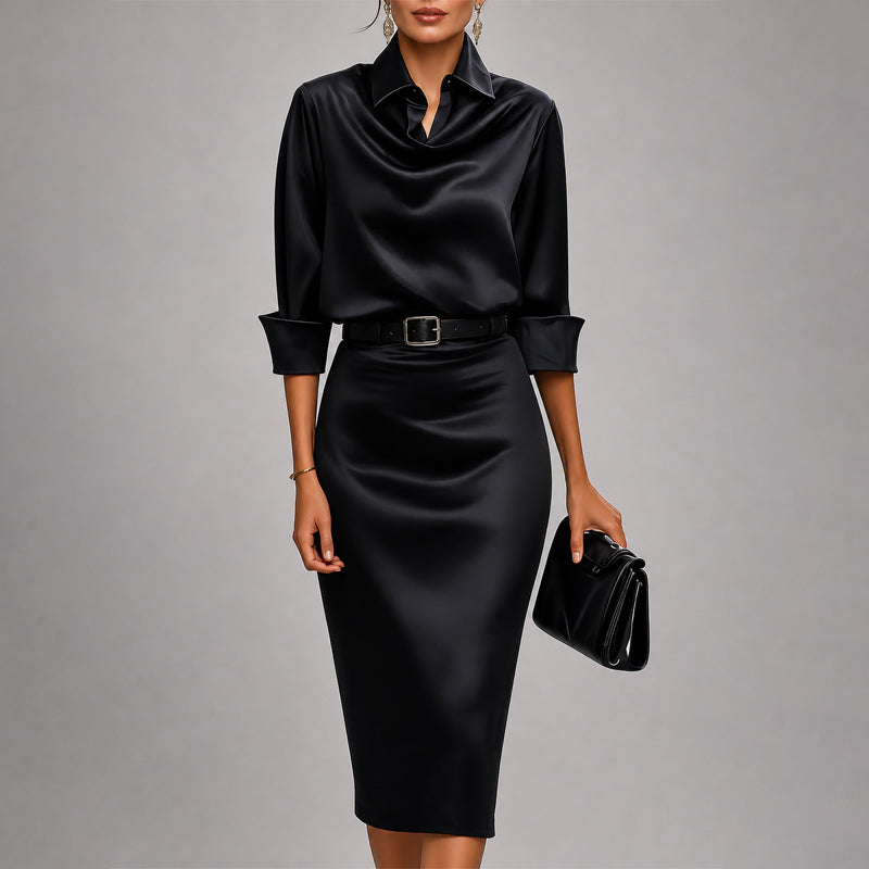 Women's Elegant Draped Collar Satin Midi Dress