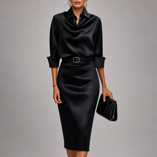 Women's Elegant Draped Collar Satin Midi Dress