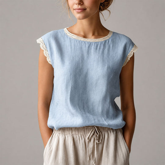 Women's Lace Trim Cap Sleeve Casual Blouse