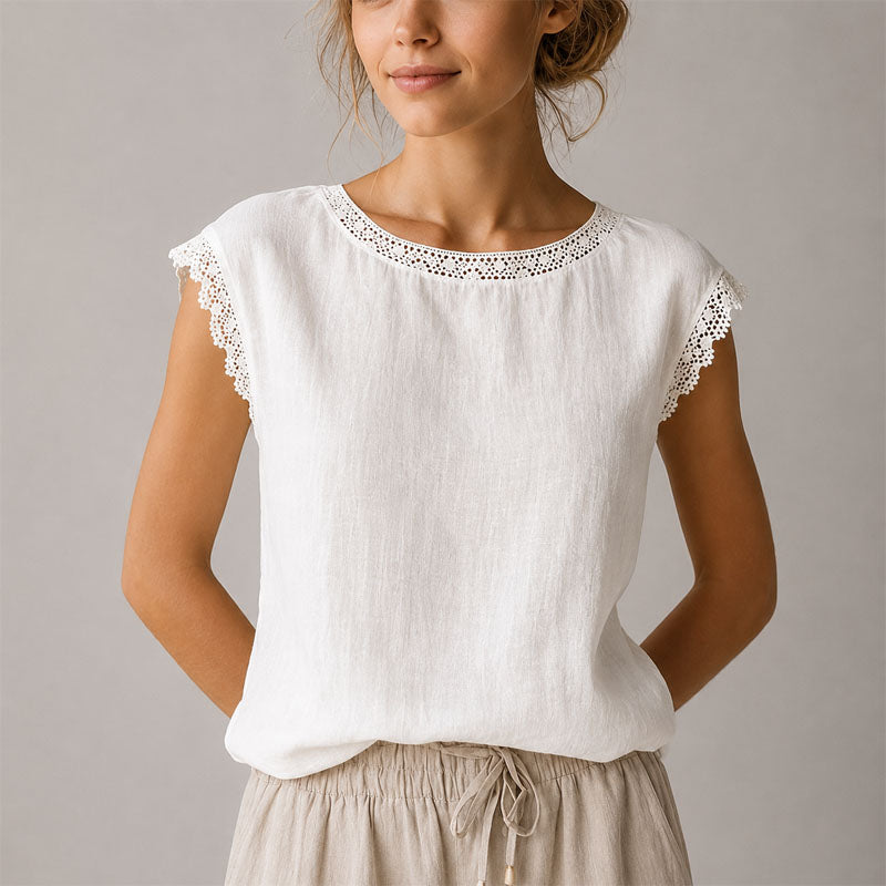 Women's Lace Trim Cap Sleeve Casual Blouse