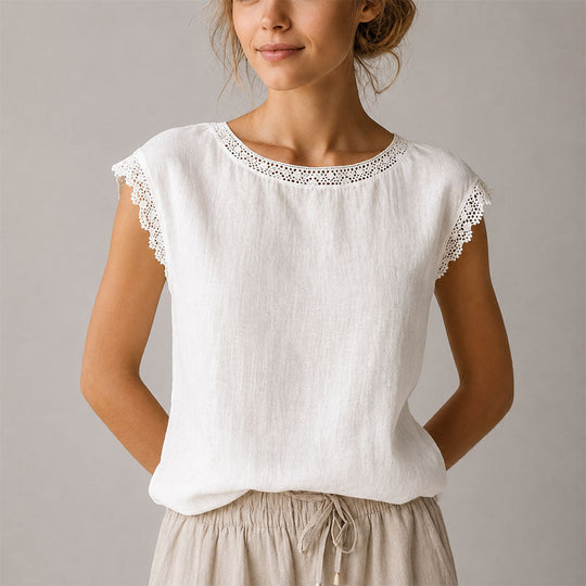 Women's Lace Trim Cap Sleeve Casual Blouse