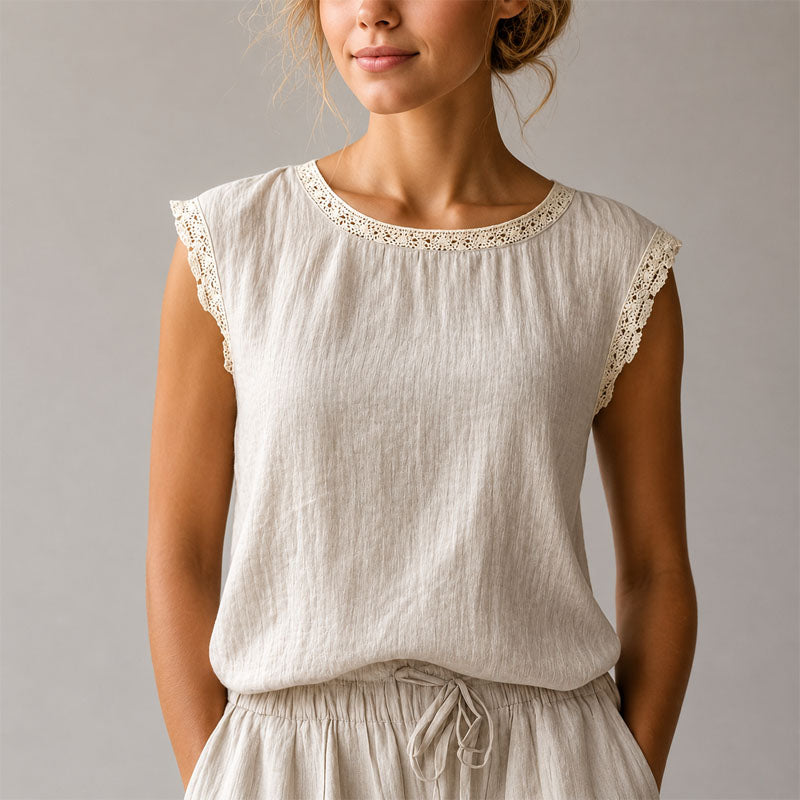 Women's Lace Trim Cap Sleeve Casual Blouse