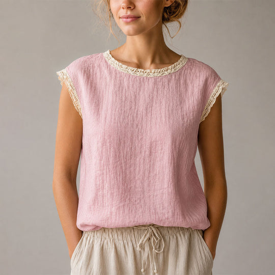 Women's Lace Trim Cap Sleeve Casual Blouse